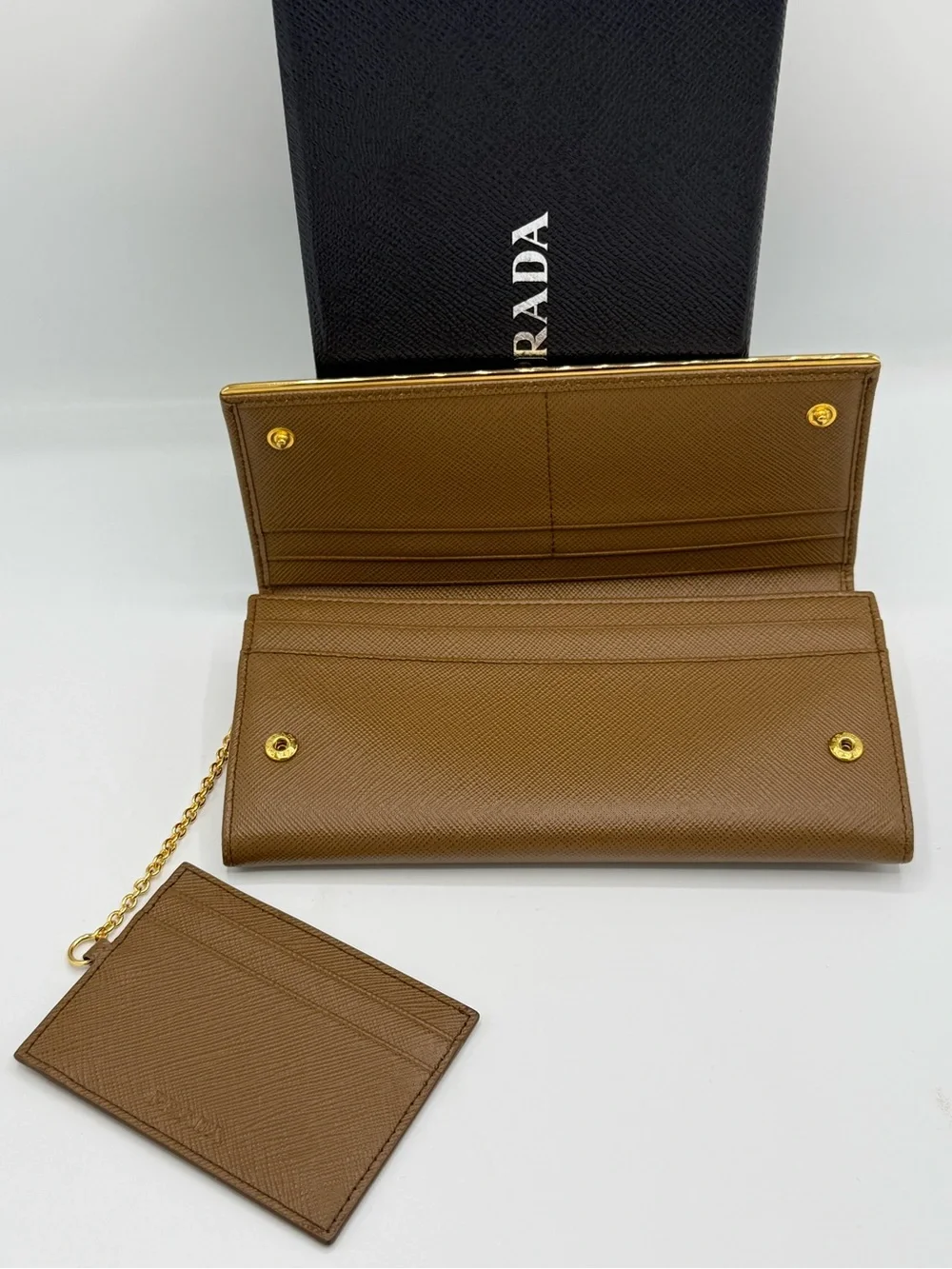 Prada Saffiano Metal Bar Flap Wallet in Caramel / Camello W/ card holder